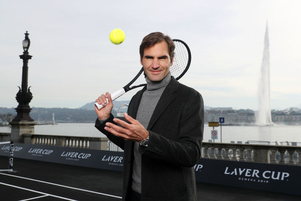 Roger Federer poses for a photo on the black court at La Rotonde ahead of The Laver Cup Press Conference on February 08, 2019 in Geneva, Switzerland. Photo by Christopher Lee/Getty Images for The Laver Cup