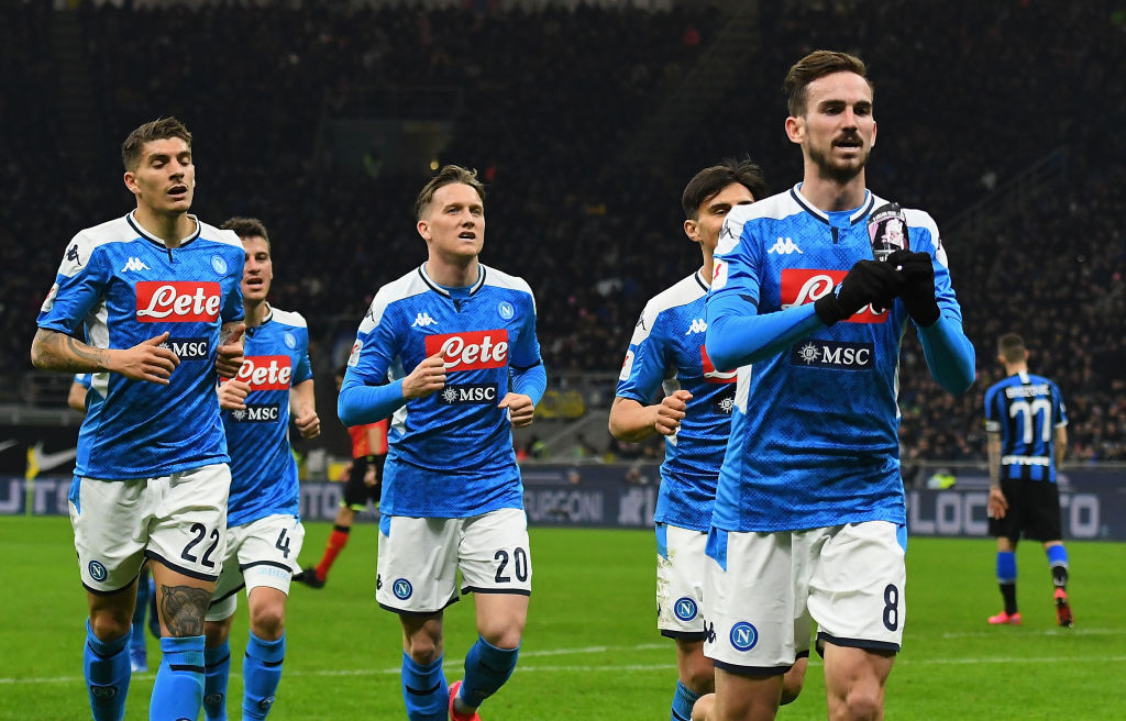 Fabian Ruiz of SSC Napoli celebrates after scoring the opening goal during the Coppa Italia Semi-Final match between FC Internazionale and SSC Napoli at Stadio Giuseppe Meazza on February 12, 2020, in Milan, Italy.  Photo by Alessandro Sabattini/Getty Images