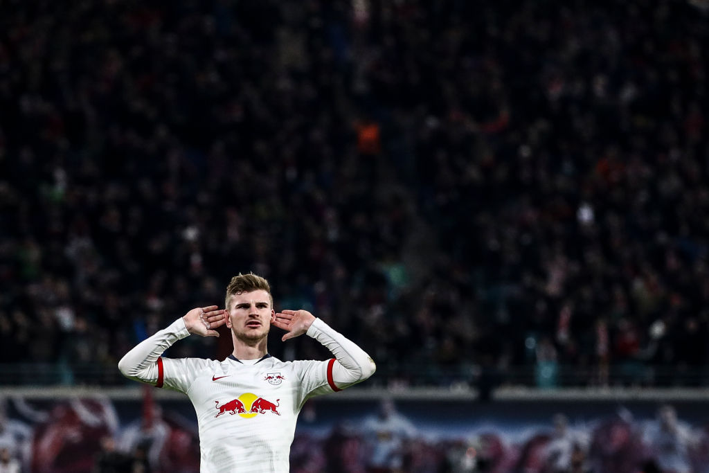 Timo Werner of RB Leipzig celebrates after scoring his team's first goal during the Bundesliga match between RB Leipzig and 1. FC Union Berlin at Red Bull Arena on January 18, 2020, in Leipzig, Germany. Photo by Maja Hitij/Bongarts/Getty Images