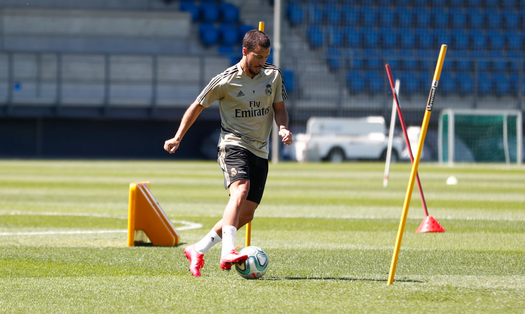 Eden Hazard of Real Madrid during the team's training session during the Covid-19 pandemic at Valdebebas training ground on May 18, 2020, in Madrid, Spain. Photo by Antonio Villalba/Real Madrid via Getty Images