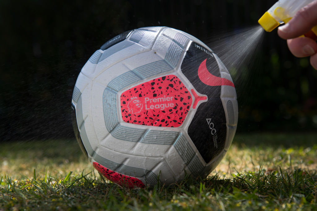 The official Nike Premier League Match Ball sprayed with disinfectant on May 29, 2020 in Manchester, England. Photo by Visionhaus